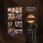 Uma colagem mostra pessoas recebendo tratamentos capilares, com um crachá dourado com a inscrição “Expert em Fios Brancos”. Um texto em português divulga o “Treinamento Expert em Fios Brancos Retoq Glow Express para Tons Claros e Escuros”, um programa de treinamento para cabelos grisalhos. Duas caixas pretas do produto Lizzon Glow Expert estão visíveis no canto inferior direito.