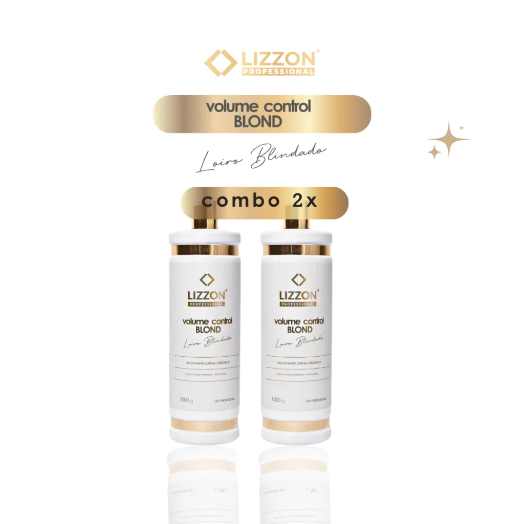 Dois frascos do produto para cabelo Lizzon Professional Volume Control Blond são exibidos lado a lado em um fundo branco. O rótulo diz combo 2x e Loira Blindado. Elementos de design em dourado e branco estão presentes.