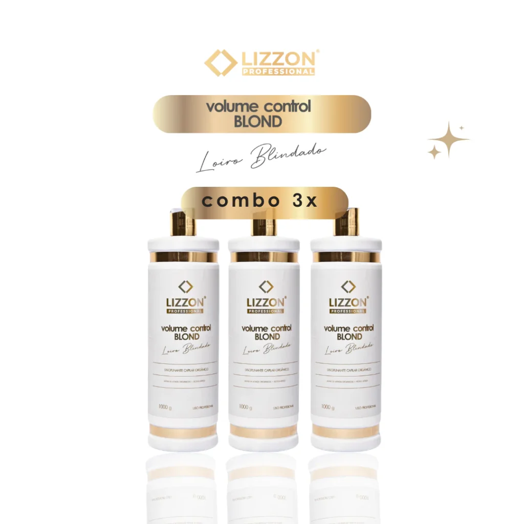 Três frascos do produto para cabelo Lizzon Professional Volume Control Blond são exibidos lado a lado em um fundo branco, com a marca e o texto em dourado e bege acima, onde se lê "combo 3x".