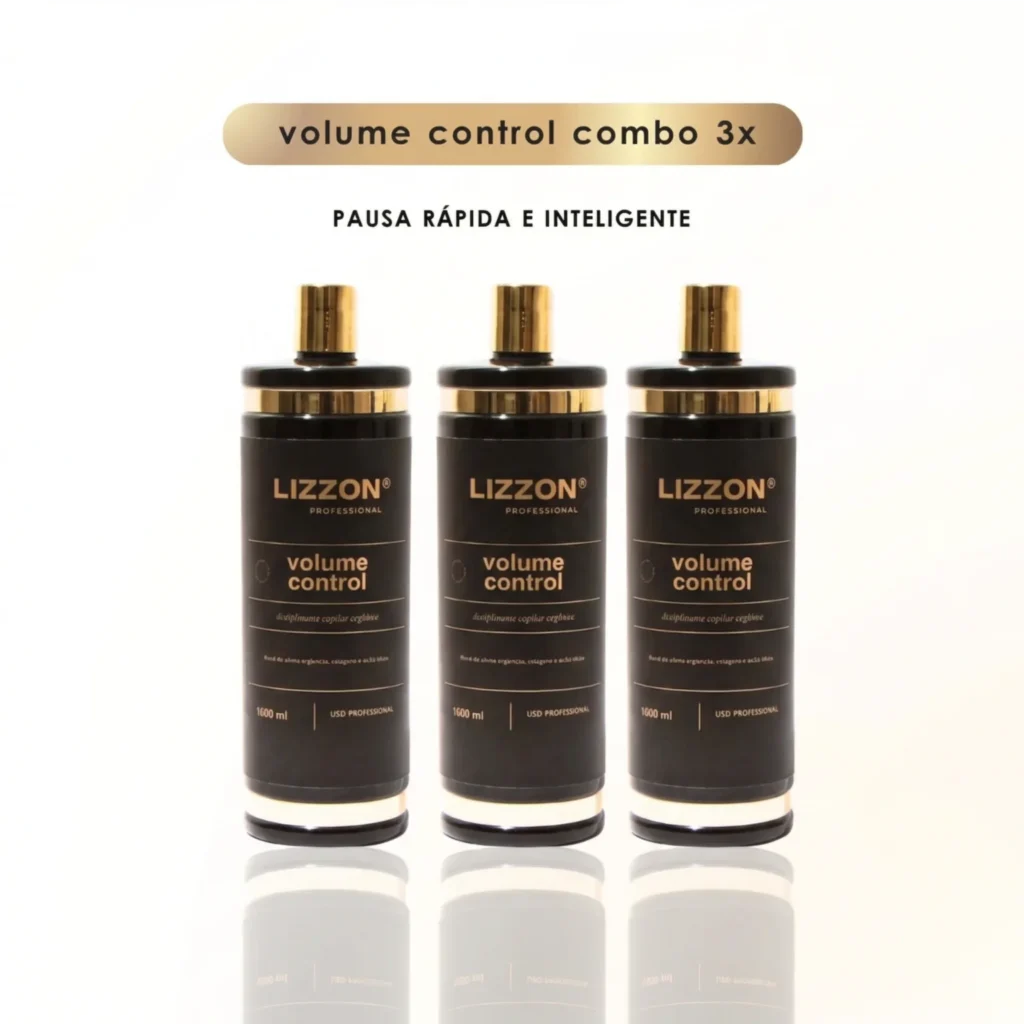 Três frascos do produto para cabelo Lizzon Professional Volume Control são exibidos lado a lado em um fundo branco. O texto acima diz controle de volume combinado 3x e pausa rápida e inteligente.