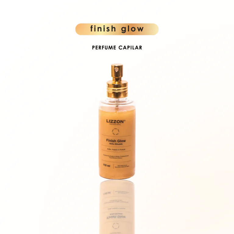 Um frasco do Lizzon Finish Glow Perfume Capilar está centralizado em um fundo branco. O frasco tem um bico de spray dourado e contém 150 ml de produto. O texto acima diz "finish glow" e "PERFUME CAPILAR".