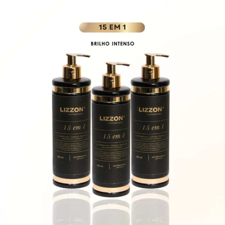 Três frascos pretos e dourados do produto para cabelo Lizzon Professional 15 em 1 Brilho Intenso são mostrados com dispensadores de bomba em um fundo branco. O texto 15 EM 1 e BRILHO INTENSO aparece acima dos frascos.