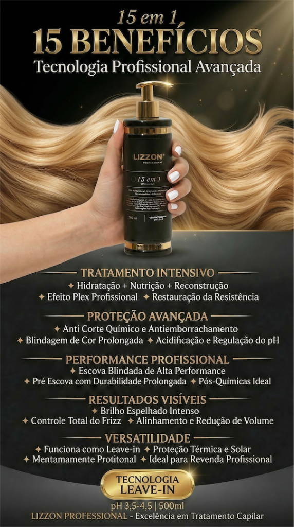 Imagem promocional do produto para cabelos sem enxágue Lizzon Professional 15 em 1, destacando sua tecnologia profissional avançada, a qualidade Lizzon e listando benefícios como tratamento intensivo, proteção avançada e desempenho profissional.