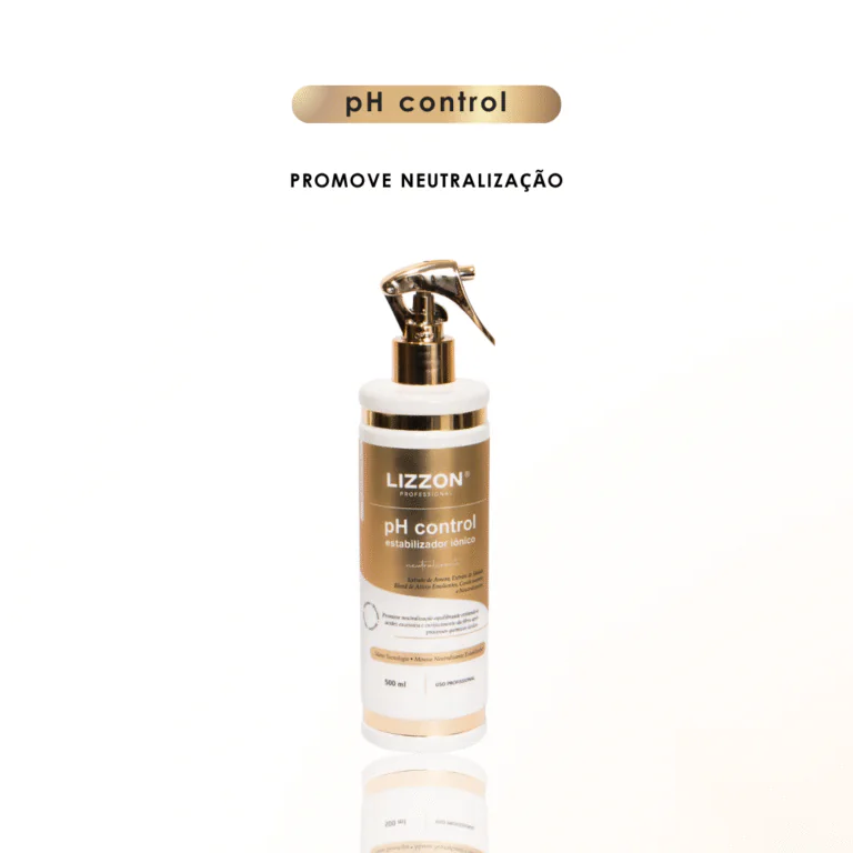 Um frasco de spray dourado e branco com o rótulo Lizzon pH control estabilizador capilar está centralizado em um fundo branco com as palavras pH control e Promove Neutralização acima dele.