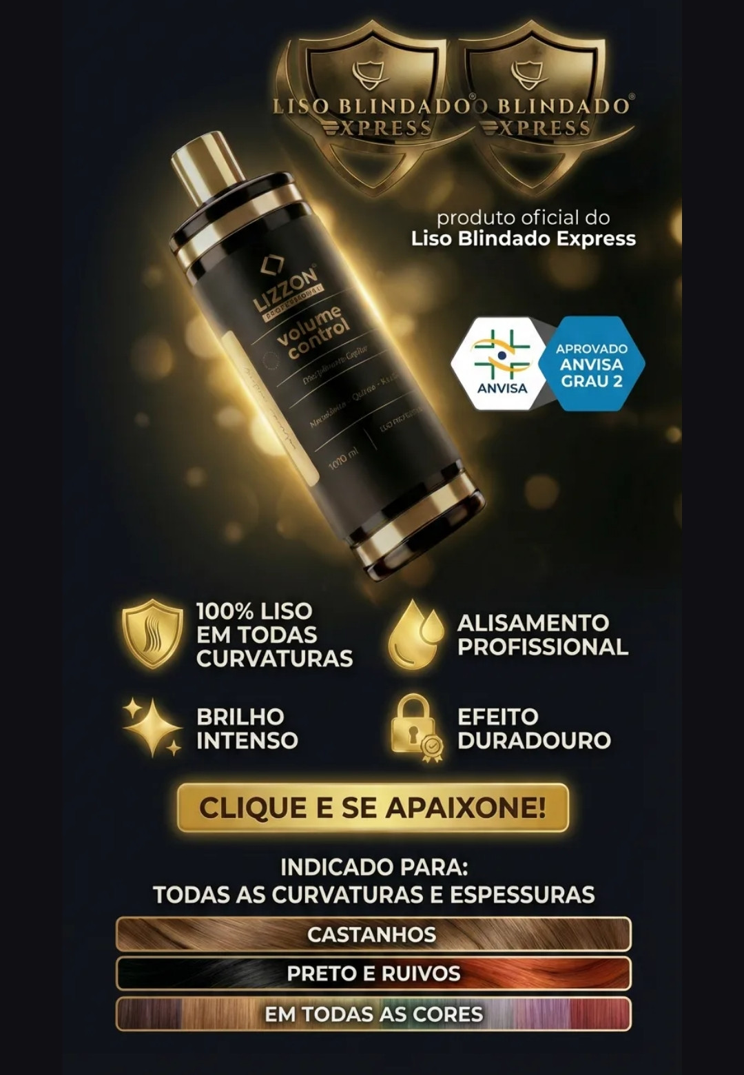 Um frasco preto e dourado do produto para cabelo Lizion Volume Control está centralizado em um fundo escuro com escudos e ícones dourados. O texto destaca as características do produto, como alisamento, brilho e adequação a todos os tipos e cores de cabelo.
