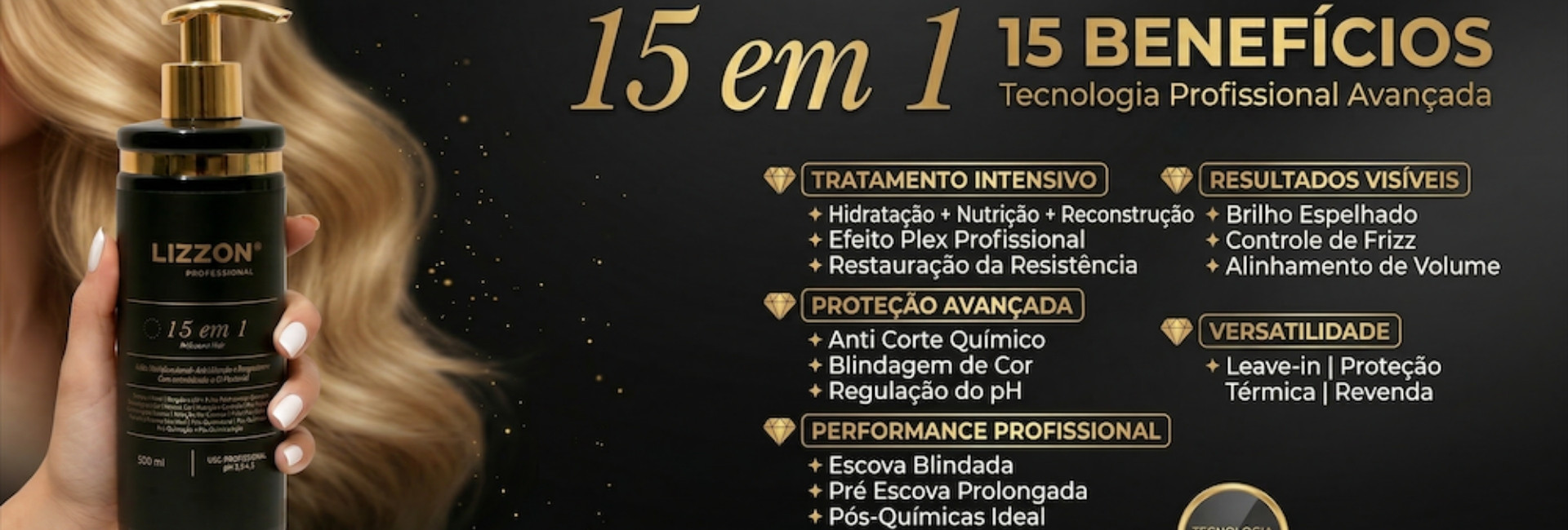 Uma mão segura um frasco de produto para cabelo Lizzon. O texto destaca 15 em 1, 15 benefícios, e mostra benefícios como tratamento intensivo, proteção avançada, desempenho profissional, resultados visíveis e versatilidade Lizzon.