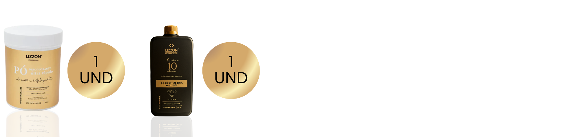 O Kit 2 Pó Descolorante 500g + 1 Emulsão Oxidante Express 900ml apresenta o Pó Descolorante Luzzon e o oxidante Luzzon Oxion, cada um com um círculo dourado "1 UND", exibido em um fundo branco.