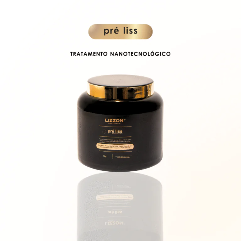 Um frasco preto com o rótulo Lizzon Pré Liss está sobre uma superfície refletora. Acima dele, o texto diz pré liss e tratamento nanotecnológico em um fundo branco.