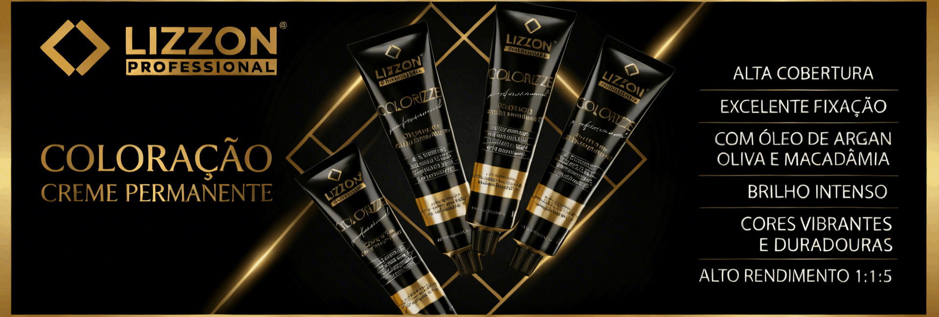 Tubos de creme para coloração capilar da Lizzon Professional exibidos em um fundo preto e dourado, com texto destacando características como alta cobertura, brilho intenso, cores vibrantes e óleos nutritivos como argan, oliva e macadâmia.