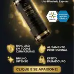 Imagem promocional da Liso Blindado Express com um frasco preto e dourado de Lizzon Volume Control. O texto destaca o brilho intenso, o alisamento profissional, o efeito de longa duração e a adequação do Lizzon a todos os tipos e cores de cabelo.