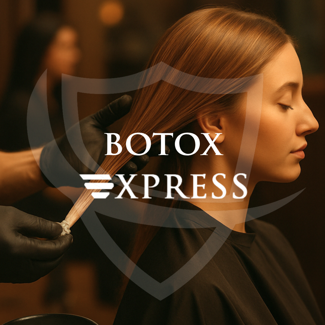Uma mulher com cabelos castanhos lisos senta-se em uma cadeira de salão, com os olhos fechados, enquanto uma mão enluvada aplica o tratamento. "Curso Botox Express" é exibido em letras em negrito sobre a imagem.