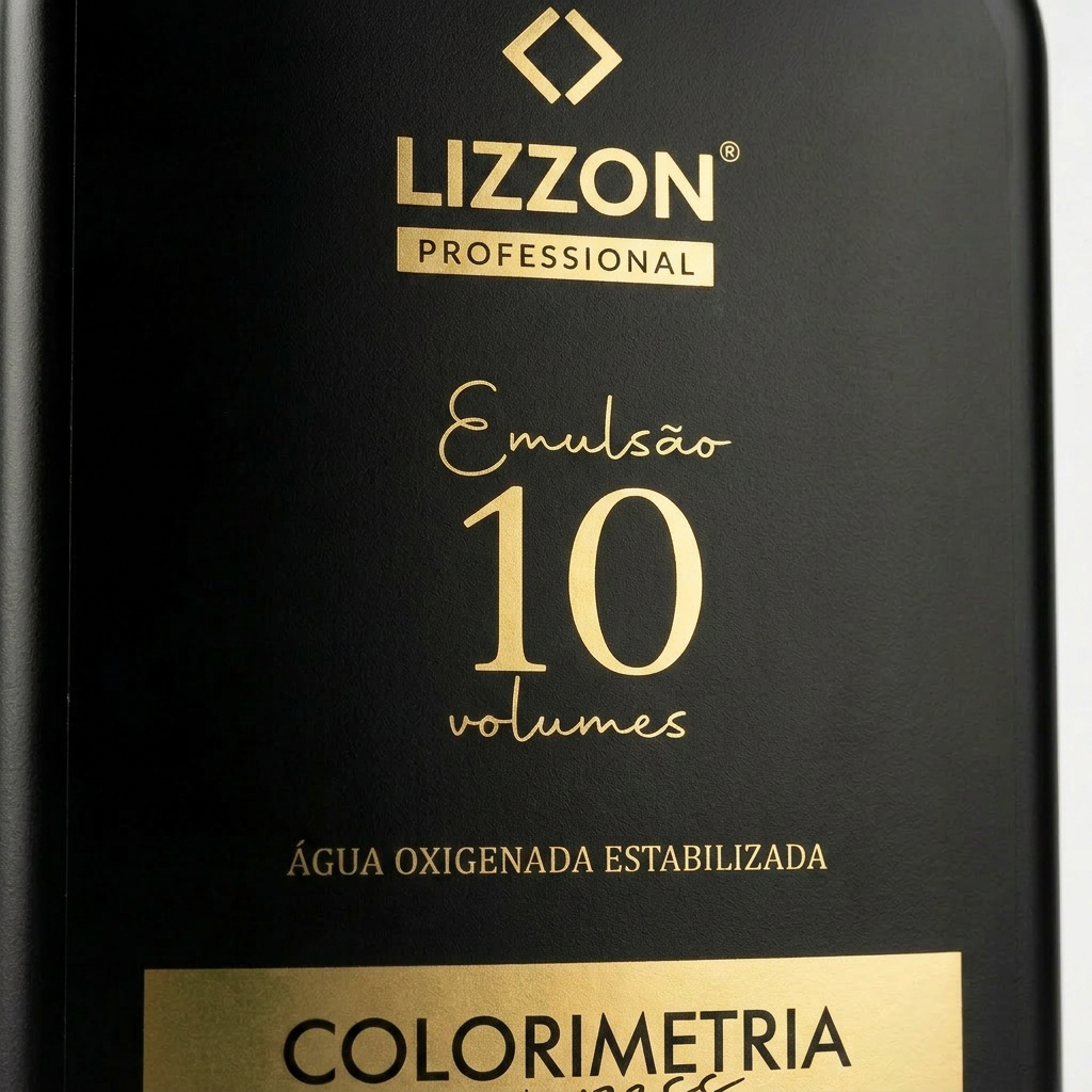 Um frasco preto rotulado como Lizzon Professional com texto em dourado indicando Emulsão 10 volumes e Água oxigenada estabilizada junto com Colorimetria em uma caixa dourada destacada.