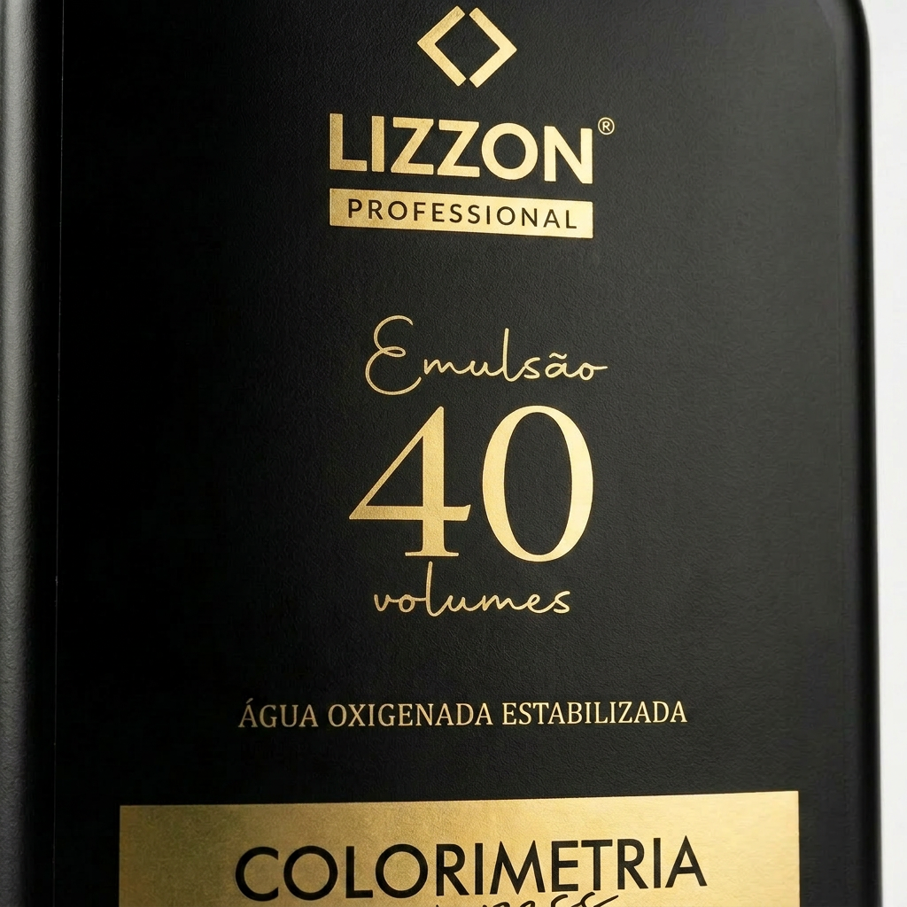 40-volumes Close-up de um frasco preto com o rótulo Lizzon Professional, com o texto Emulsão 40 volumes e Água oxigenada estabilizada em letras douradas e brancas.