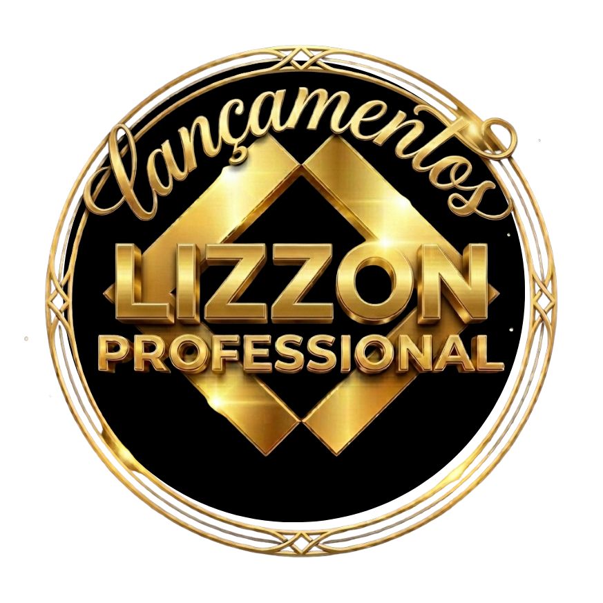 Logotipo circular em preto e dourado da Lizzon Professional. Apresenta formas de diamante dourado, a palavra lançamentos em escrita e letras douradas em negrito da Lizzon, tudo emoldurado por uma borda dourada decorativa para um toque luxuoso da Lizzon.