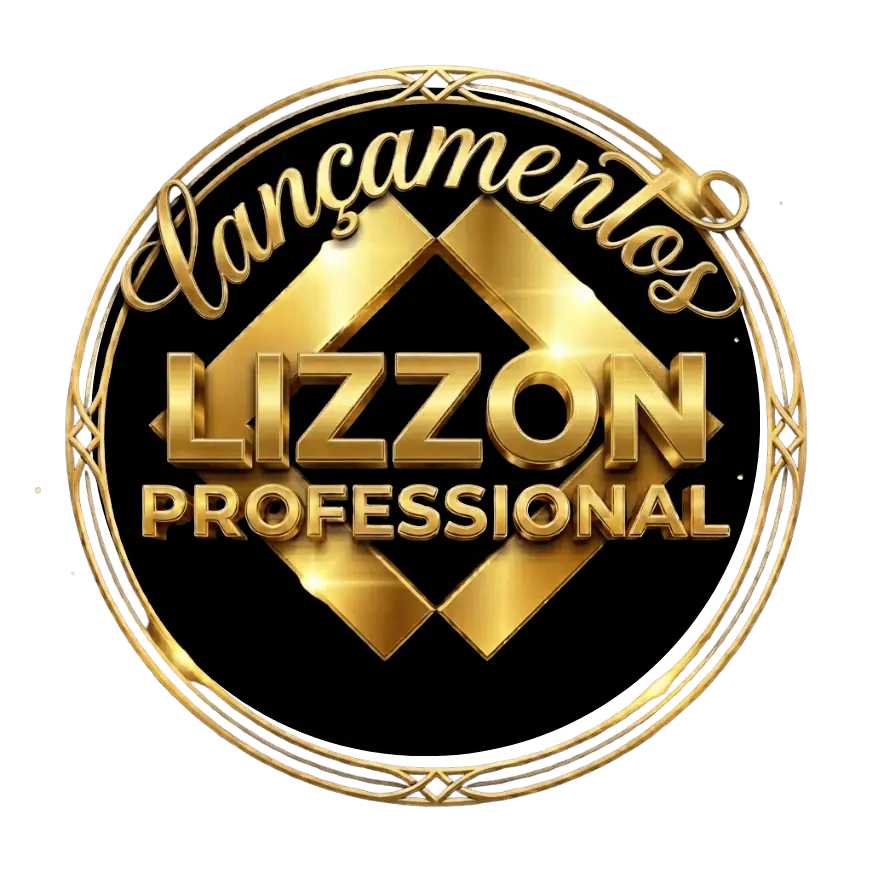 Logotipo circular em preto e dourado da Lizzon Professional. Apresenta formas de diamante dourado, a palavra lançamentos em escrita e letras douradas em negrito da Lizzon, tudo emoldurado por uma borda dourada decorativa para um toque luxuoso da Lizzon.