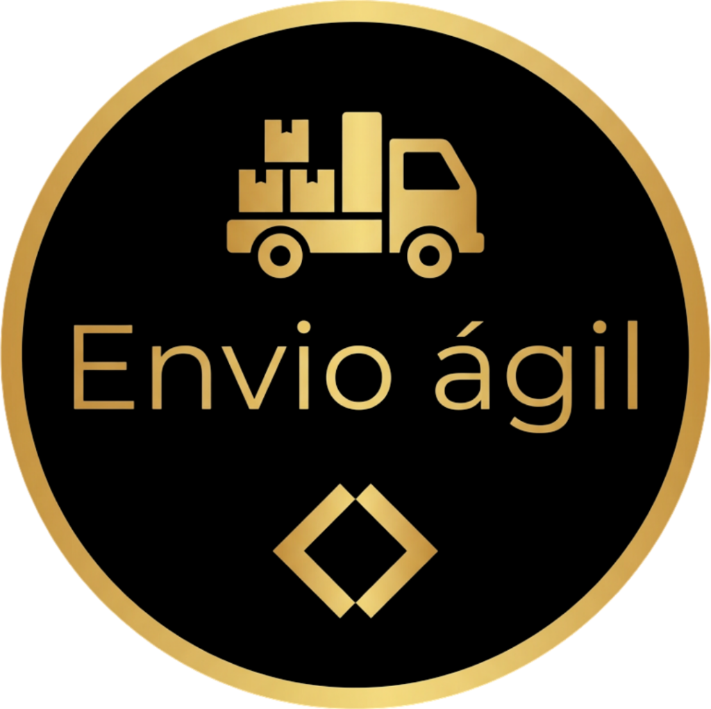 Um emblema circular dourado e preto com um caminhão de entrega com caixas, as palavras Envio ágil no centro e uma forma geométrica dourada na parte inferior.