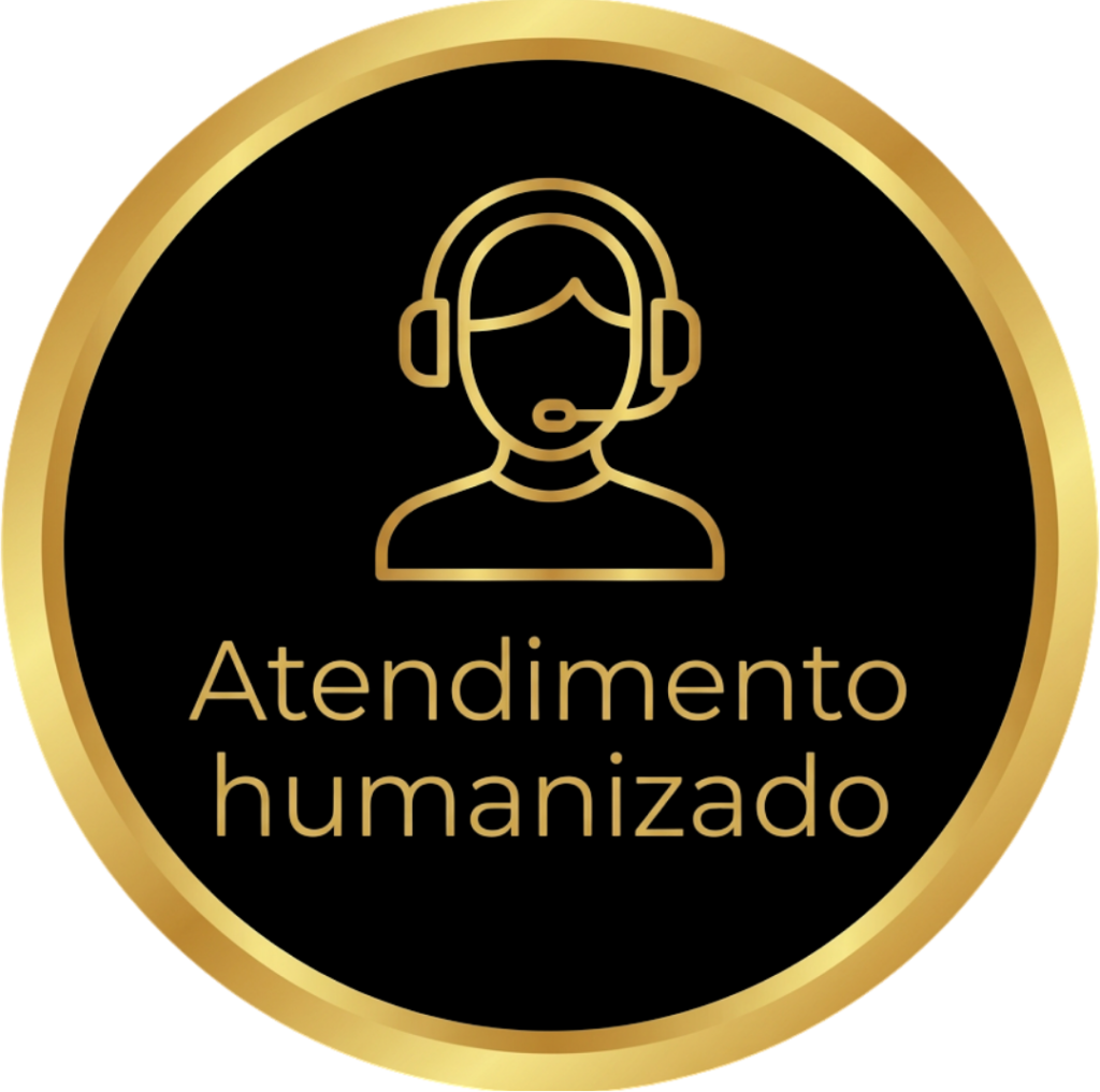 Um emblema redondo preto e dourado com o desenho de uma pessoa usando um fone de ouvido acima do texto Atendimento humanizado.