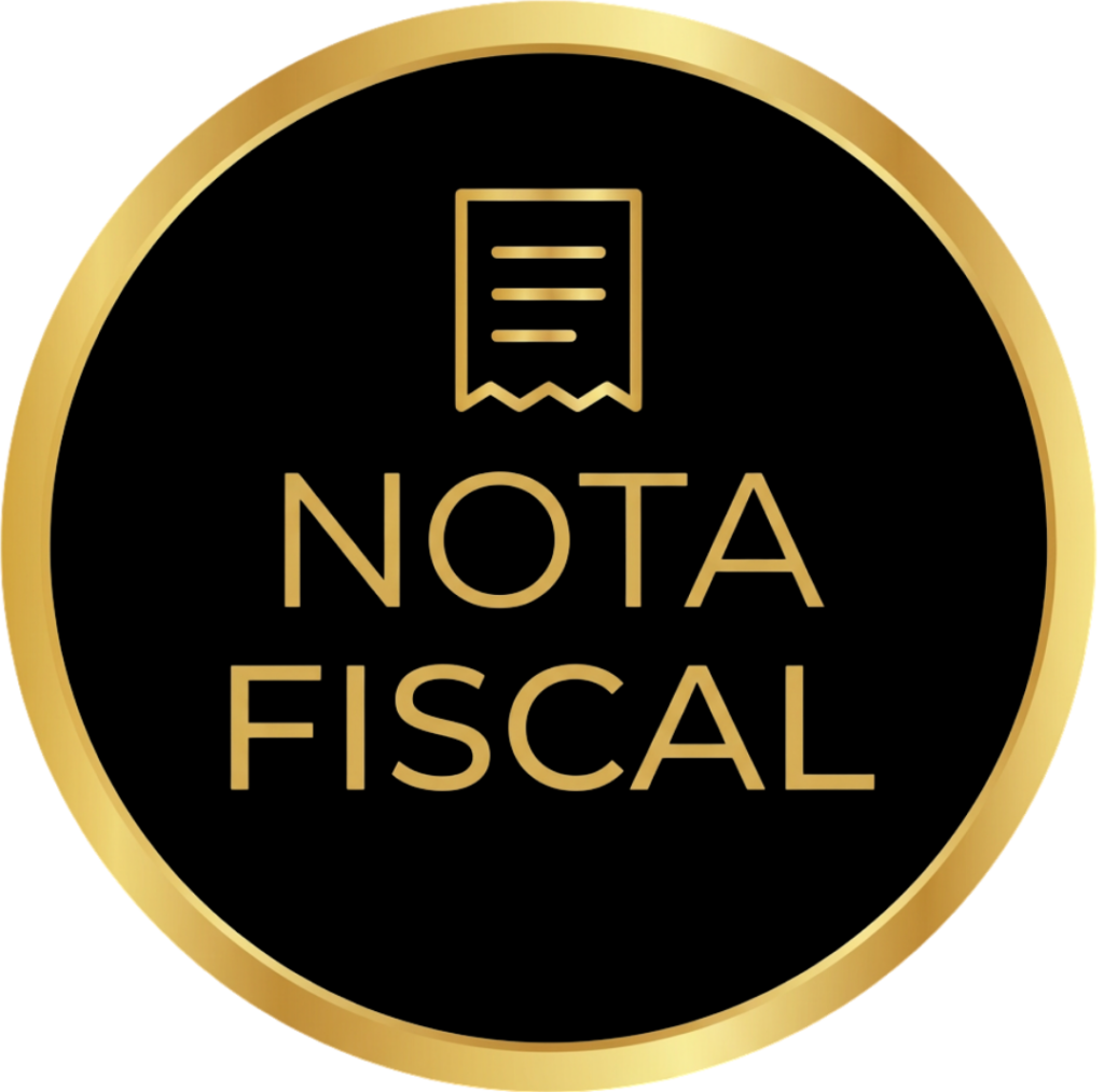 Um emblema circular preto com uma borda dourada apresenta um ícone de recibo simples acima das palavras NOTA FISCAL em letras maiúsculas douradas.