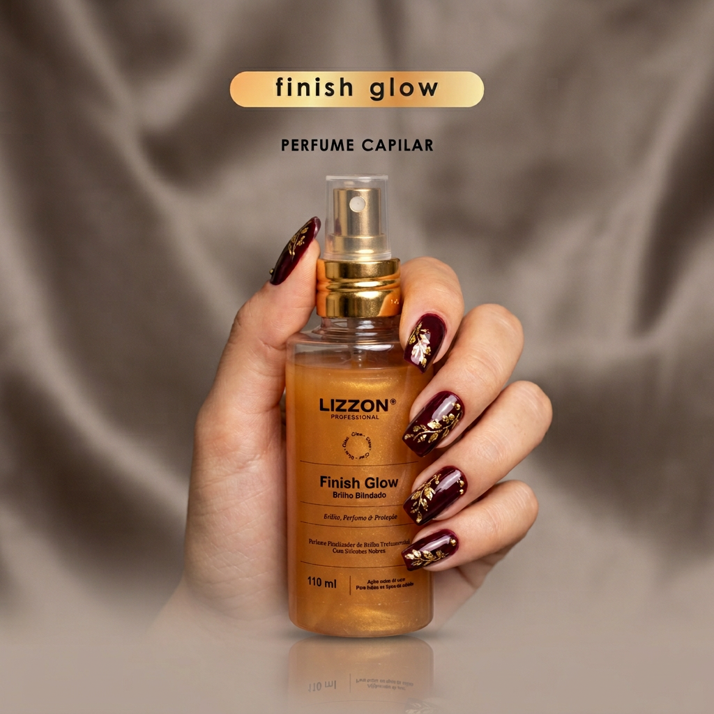 Uma mão com nail art em vermelho escuro e dourado segura um frasco de Lizzon Finish Glow Perfume Capilar em um fundo bege acetinado. O texto acima do frasco diz