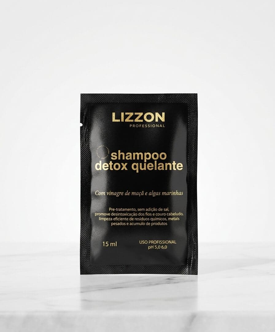 Um sachê preto com o rótulo "Amostra Shampoo Detox Quelante - 15 ml", com texto em dourado e branco, está na vertical em uma superfície de mármore branco contra um fundo branco liso.