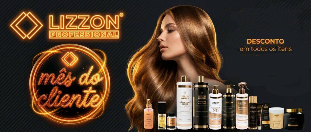 Uma mulher com cabelos longos, brilhantes e castanhos claros é mostrada ao lado de vários produtos de cuidados com os cabelos da Lizzon Professional. O texto diz 