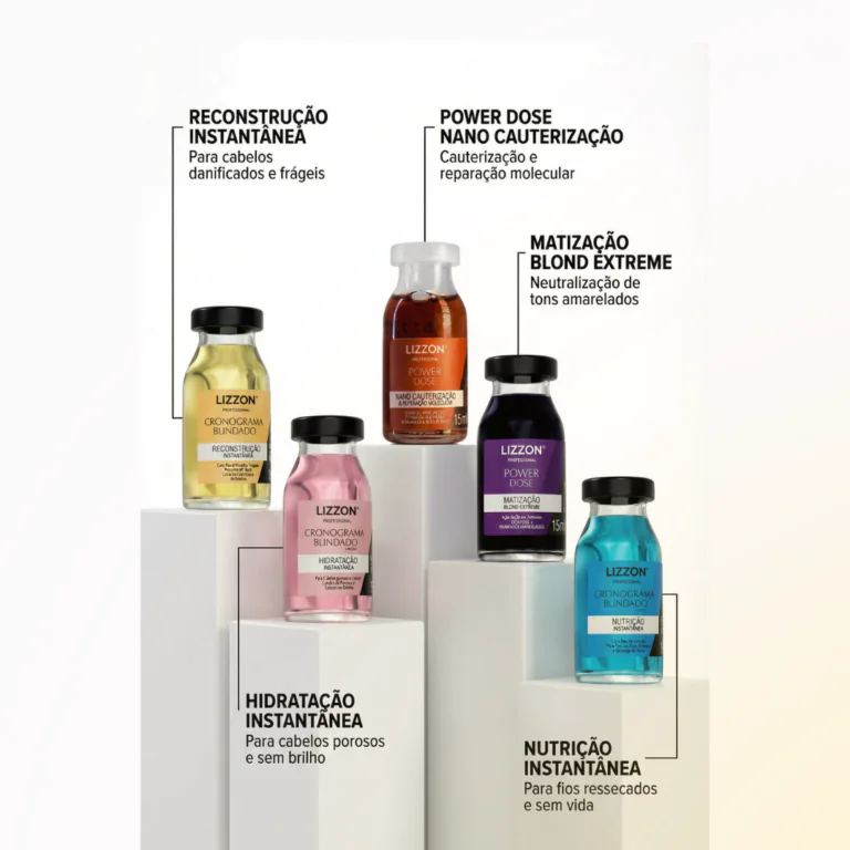 Cinco pequenos frascos de produtos para tratamento capilar rotulados para reconstrução, nano cauterização, neutralização do loiro extremo, hidratação e nutrição, cada um em cores diferentes e expostos em plataformas brancas com descrições em português.