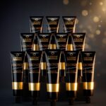 Doze tubos pretos e dourados de Colorizze: Coloração Creme Permanente (combo 12 unidades) + OX Emulsão 20vol 900ml estão dispostos em uma pirâmide contra um fundo escuro com luzes suaves e fora de foco à direita.