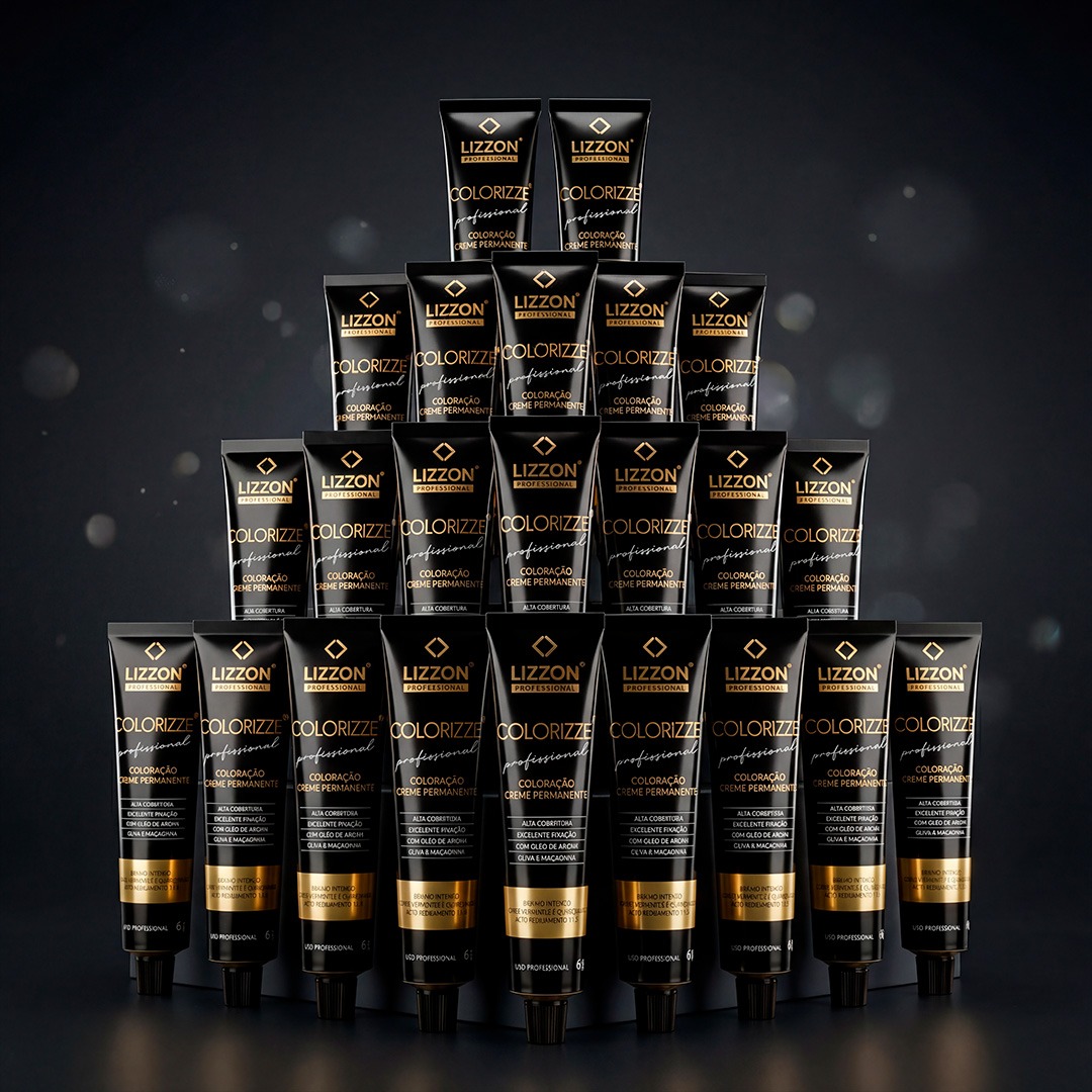 Uma pirâmide de tubos de Colorizze: Coloração Creme Permanente (combo 24 unidades) é exibida em um fundo escuro e suavemente iluminado, juntamente com OX Emulsão 20vol 900ml.