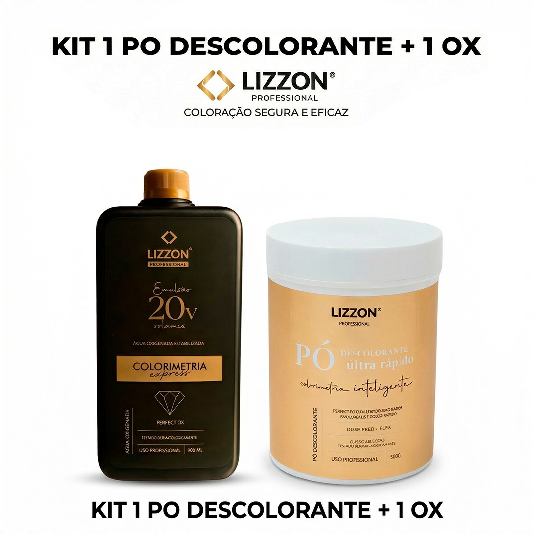O Kit 2 Pó Descolorante 500g + 1 Emulsão Oxidante Express 900ml combina uma coloração de cabelo eficaz em uma embalagem segura, com texto em destaque acima e abaixo dos recipientes preto e bege.