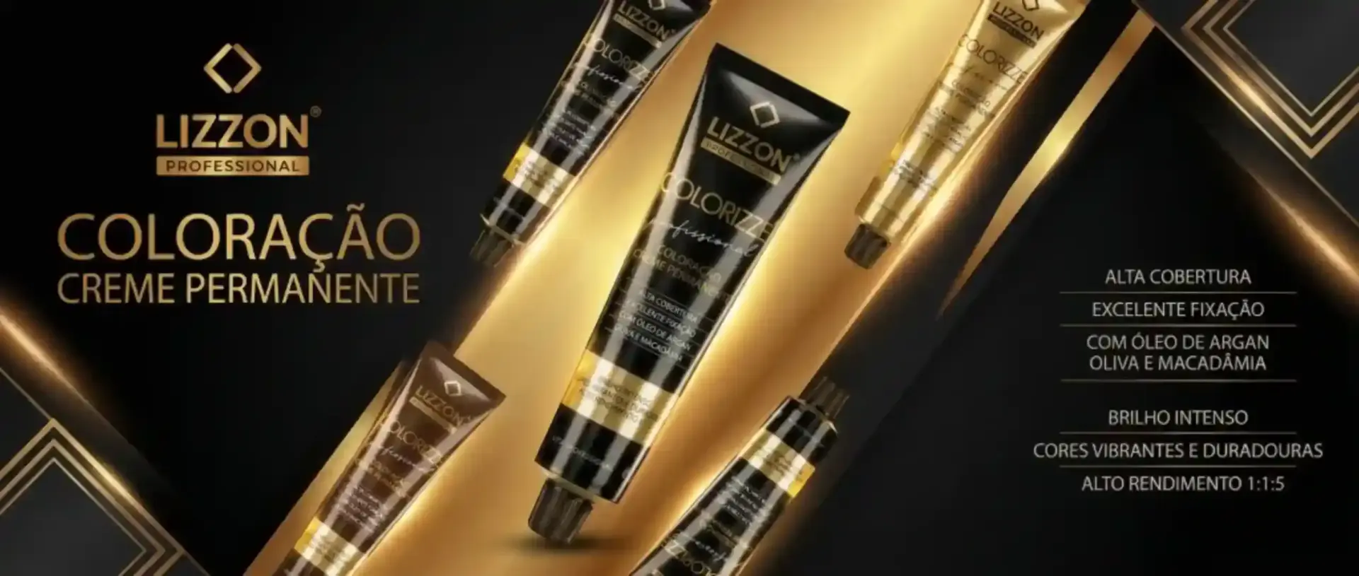 Propaganda de produto da tintura de cabelo Lizzon Glow Express mostrando o tubo e a caixa do produto, com ícones destacando as características: sem amônia, cobertura 100% cinza, preserva a fibra capilar e brilho intenso.