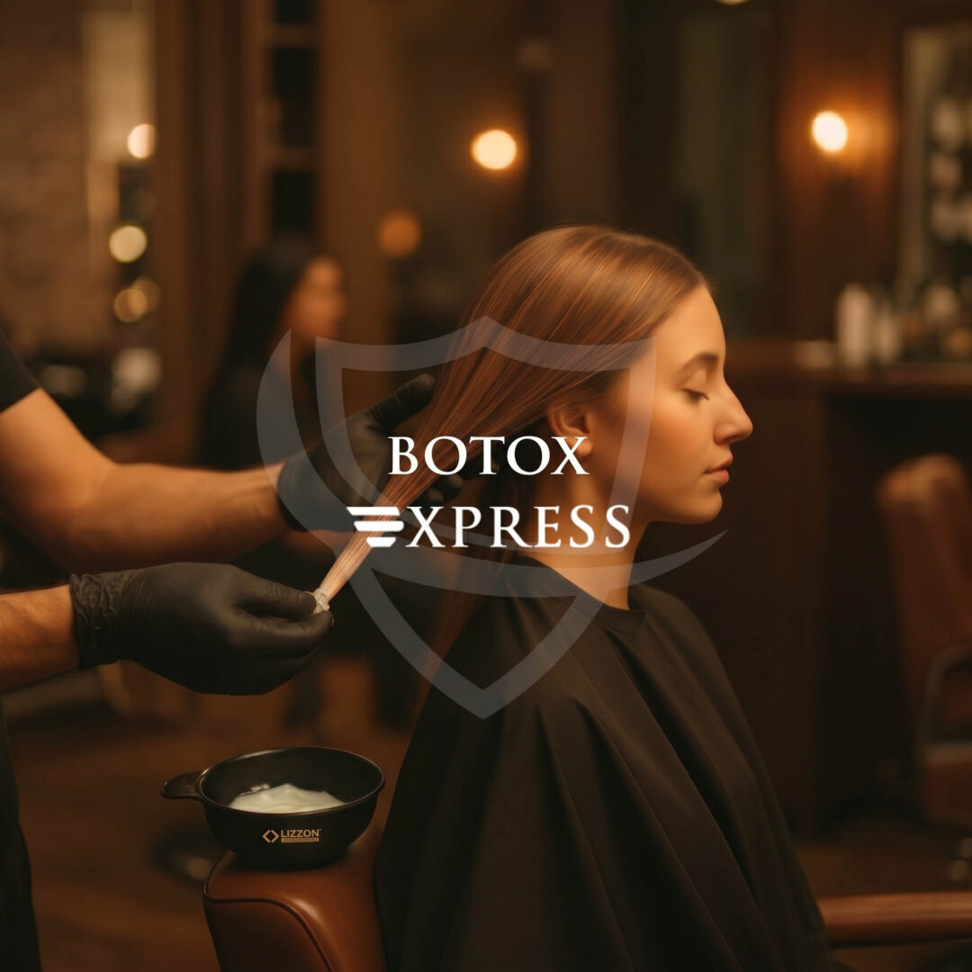 Uma pessoa está sentada em uma cadeira de salão, com cabelos castanhos lisos e os olhos fechados, enquanto um cabeleireiro aplica um tratamento. Acima da imagem, está escrito “Curso Botox Express”. O interior do salão, com iluminação suave, apresenta tons quentes de marrom.