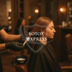 Uma pessoa está sentada em uma cadeira de salão, com cabelos castanhos lisos e os olhos fechados, enquanto um cabeleireiro aplica um tratamento. Acima da imagem, está escrito “Curso Botox Express”. O interior do salão, com iluminação suave, apresenta tons quentes de marrom.