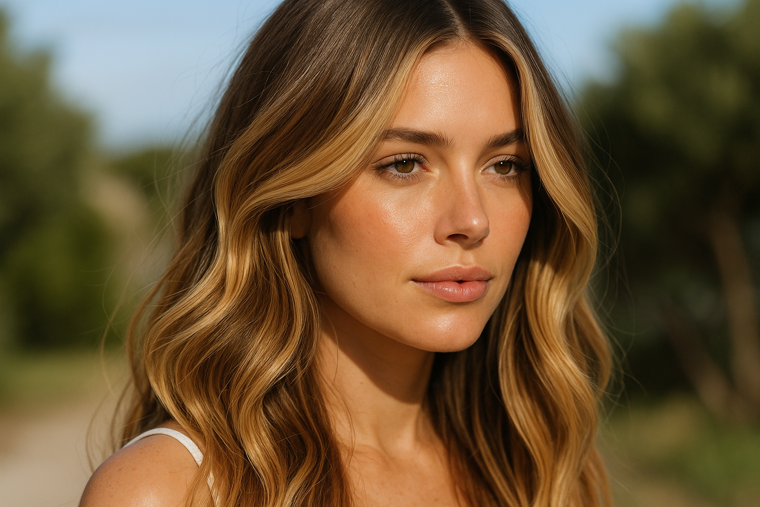 Uma mulher com cabelos longos, ondulados e castanhos claros está ao ar livre. Ela tem uma expressão neutra e está usando um top branco. O fundo está embaçado com árvores verdes e um céu azul.
