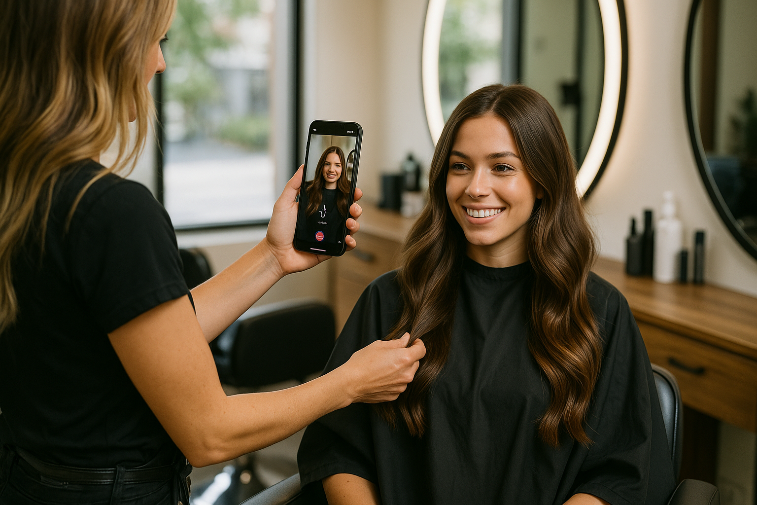 Uma mulher está sentada em uma cadeira de salão de beleza usando uma capa preta e sorrindo, enquanto outra pessoa está ao seu lado, segurando um telefone para tirar uma foto. O salão tem espelhos redondos e frascos no balcão ao fundo.