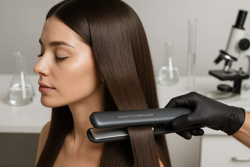 Uma pessoa de cabelos castanhos lisos está alisando os cabelos com uma chapinha rotulada como NANOTECNOLOGIA. A pessoa está sentada em um laboratório com objetos de vidro e um microscópio ao fundo.