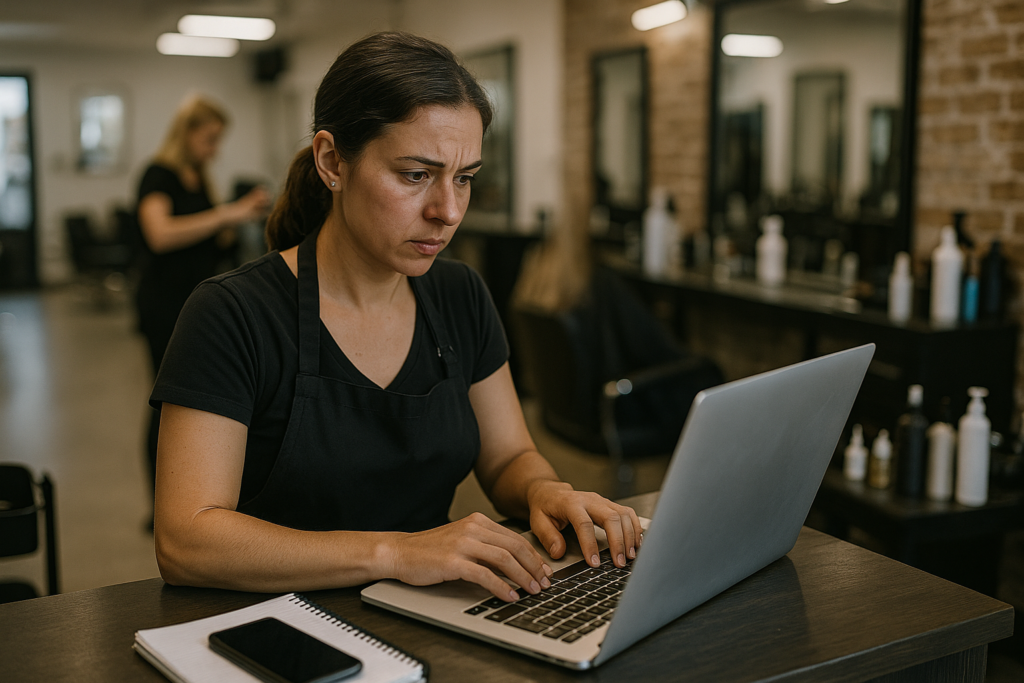 Uma mulher com um avental preto está sentada em uma mesa de um salão de beleza, digitando em um laptop com uma expressão preocupada. Um notebook e um smartphone estão sobre a mesa. O salão tem espelhos, cadeiras de salão e outra pessoa ao fundo.
