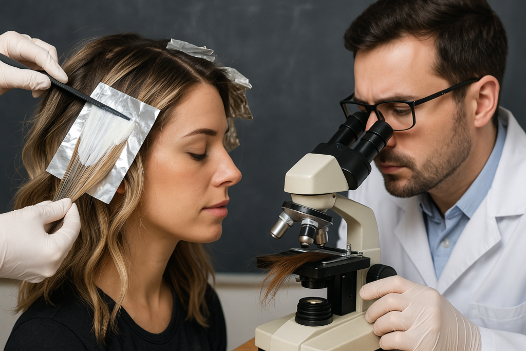 Uma mulher sentada com o cabelo enrolado em papel-alumínio enquanto uma pessoa com luvas separa uma seção de cabelo, que um homem com jaleco examina em um microscópio. Um quadro-negro pode ser visto ao fundo.