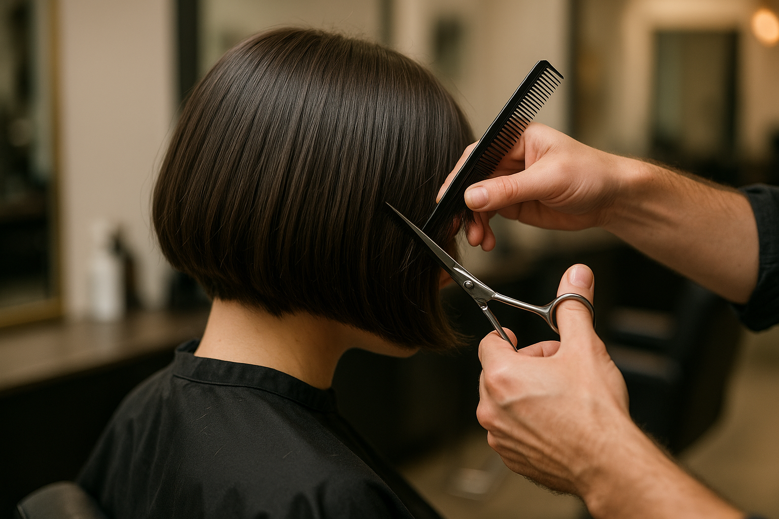 Uma pessoa com cabelo liso e escuro está cortando o cabelo. Um estilista está aparando seu cabelo curto com uma tesoura enquanto segura um pente preto, em um salão de beleza.