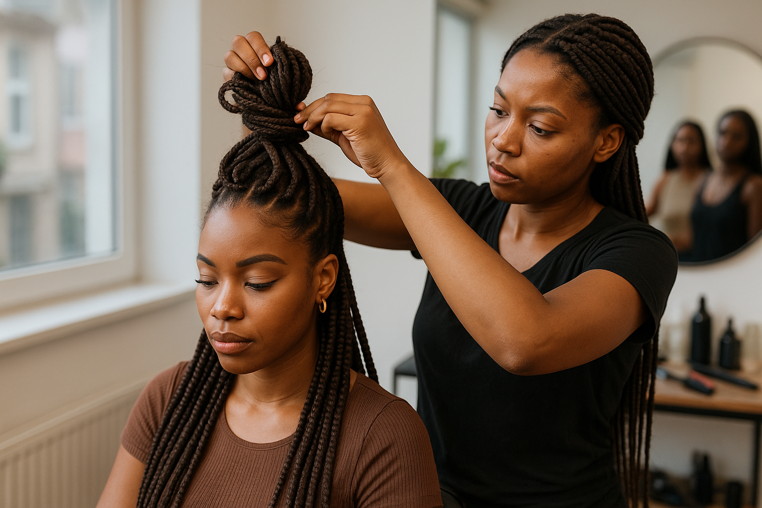 Uma mulher fica atrás de outra mulher e penteia suas longas tranças em um coque alto. A mulher sentada veste uma camisa marrom, enquanto a estilista veste preto. Ambas estão em uma sala bem iluminada com um espelho e uma mesa ao fundo.