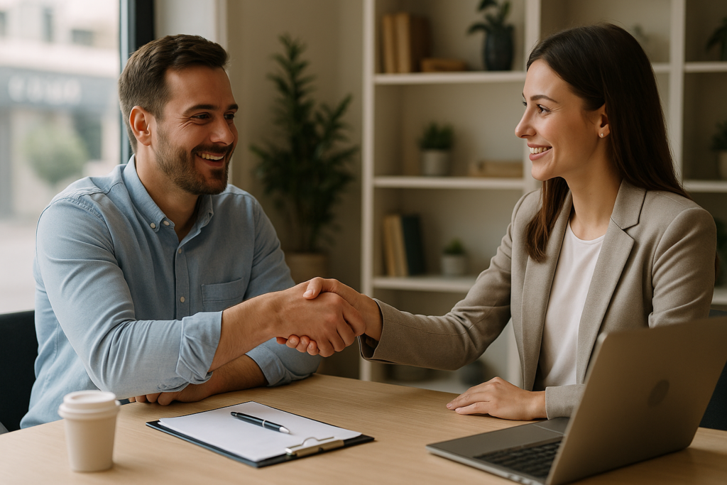 Um homem e uma mulher sentam-se frente a frente em uma mesa de escritório, sorrindo e apertando as mãos. Há um laptop, uma prancheta, uma caneta e uma xícara de café sobre a mesa, com prateleiras e plantas ao fundo.