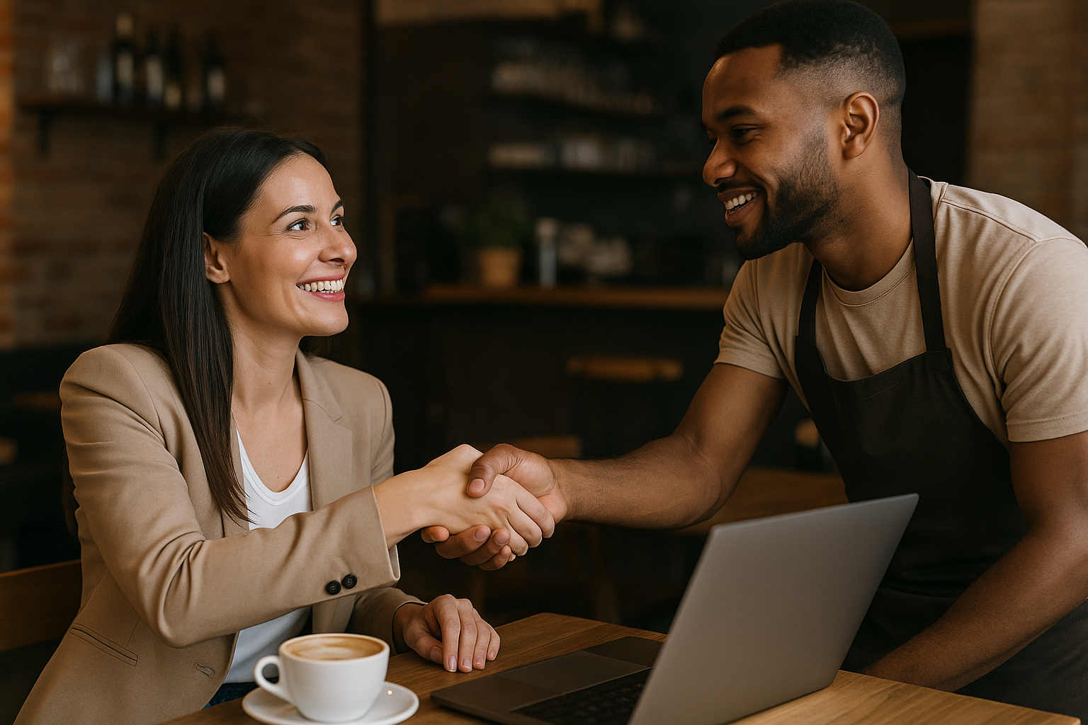 Uma mulher de blazer bege e um homem de avental apertam as mãos e sorriem em uma mesa de café. Um laptop e uma xícara de café estão sobre a mesa em frente a eles.