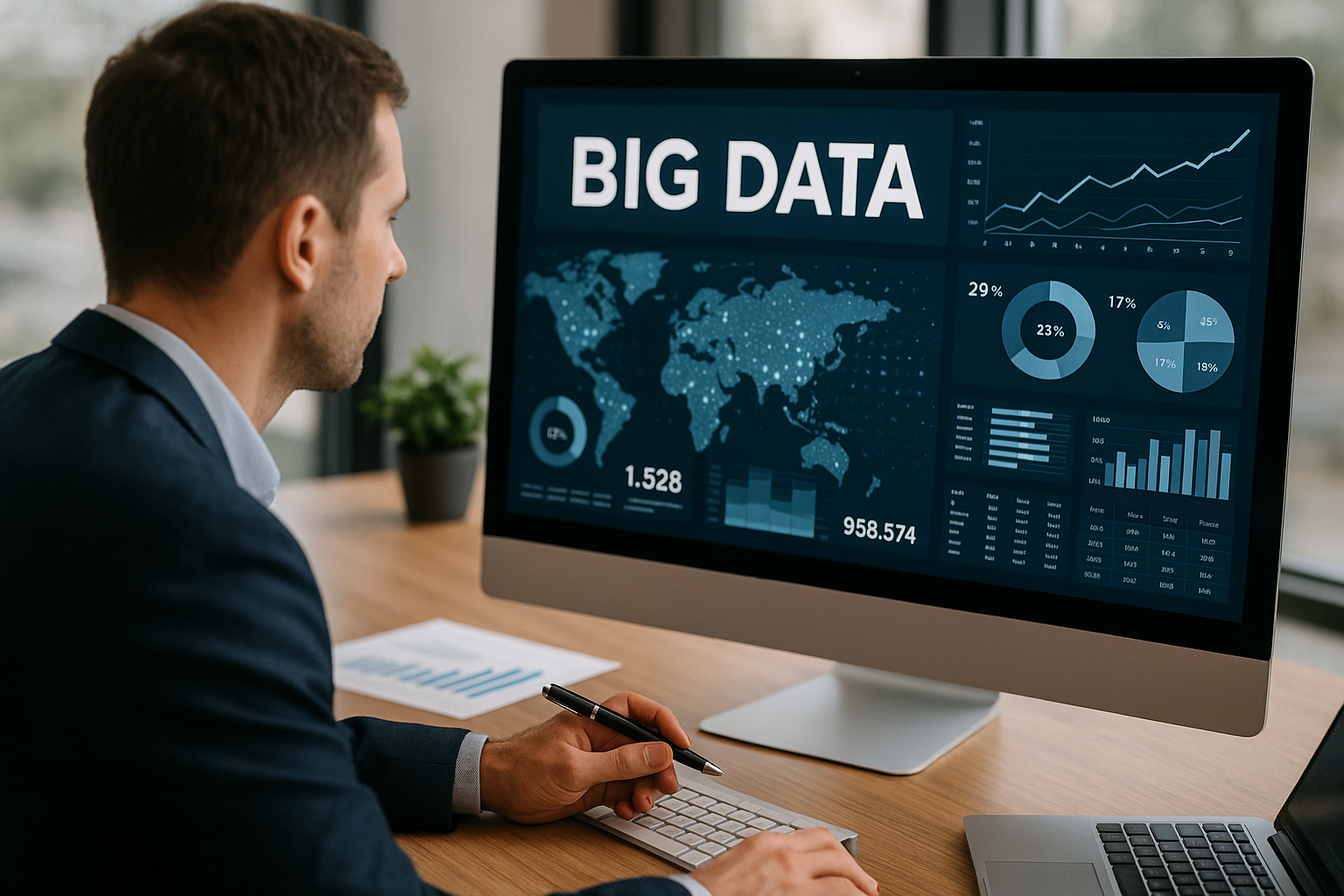 Um homem de terno está sentado em uma mesa, trabalhando em um computador que exibe visualizações de dados, gráficos e as palavras BIG DATA na tela. Ele está segurando uma caneta e um caderno está sobre a mesa.