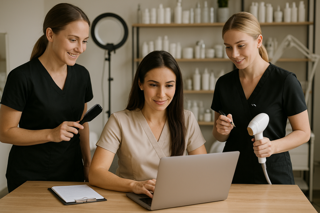 Três mulheres vestindo uniformes estão reunidas em torno de uma mesa. Uma delas está sentada e usando um laptop, enquanto as outras duas estão ao seu lado, segurando uma prancheta, um pente e um secador de cabelo. Prateleiras com frascos estão ao fundo.