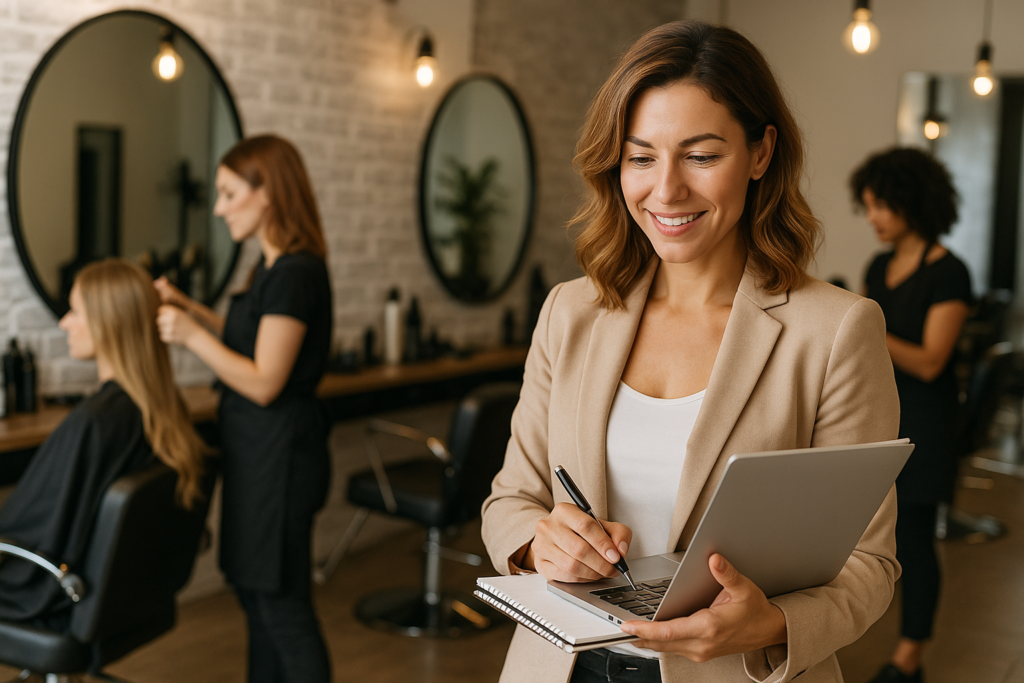 Uma mulher de blazer bege segura um laptop e um bloco de notas, sorrindo, em um salão de cabeleireiro com espelhos e estilistas trabalhando com clientes ao fundo. O ambiente parece profissional e moderno.