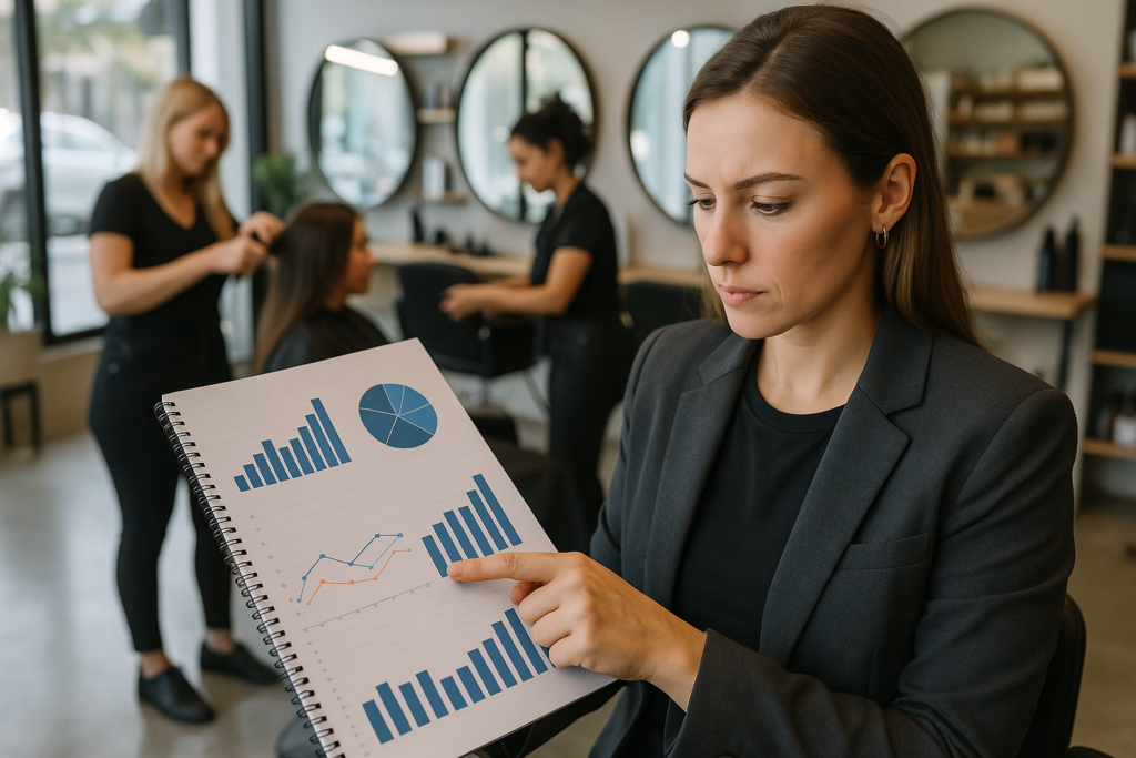 Uma mulher de terno segura e examina um relatório encadernado em espiral com tabelas e gráficos. Ao fundo, duas pessoas arrumam o cabelo de outra pessoa em um salão moderno com espelhos redondos nas paredes.