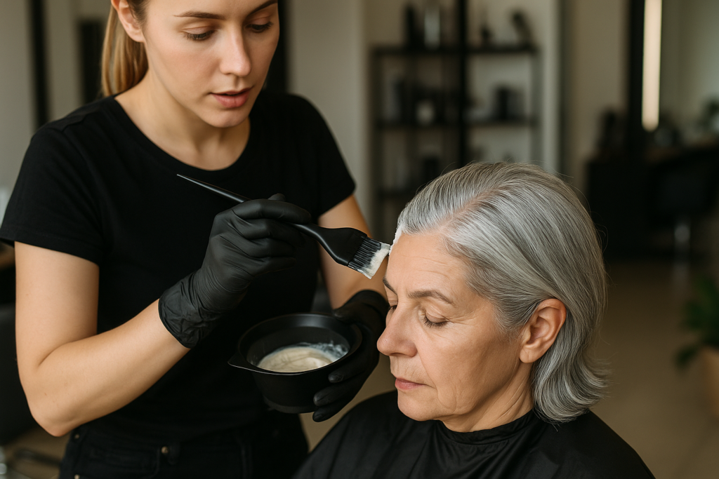Um cabeleireiro usando luvas pretas aplica tintura de cabelo nas raízes do cabelo grisalho de uma mulher idosa sentada usando uma escova. A mulher tem os olhos fechados e está envolta em uma capa preta de salão.