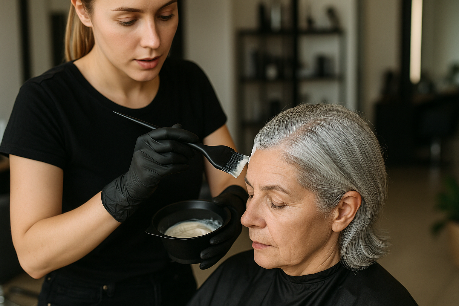 Um cabeleireiro usando luvas pretas aplica tintura de cabelo nas raízes do cabelo grisalho de uma mulher idosa sentada usando uma escova. A mulher tem os olhos fechados e está envolta em uma capa preta de salão.
