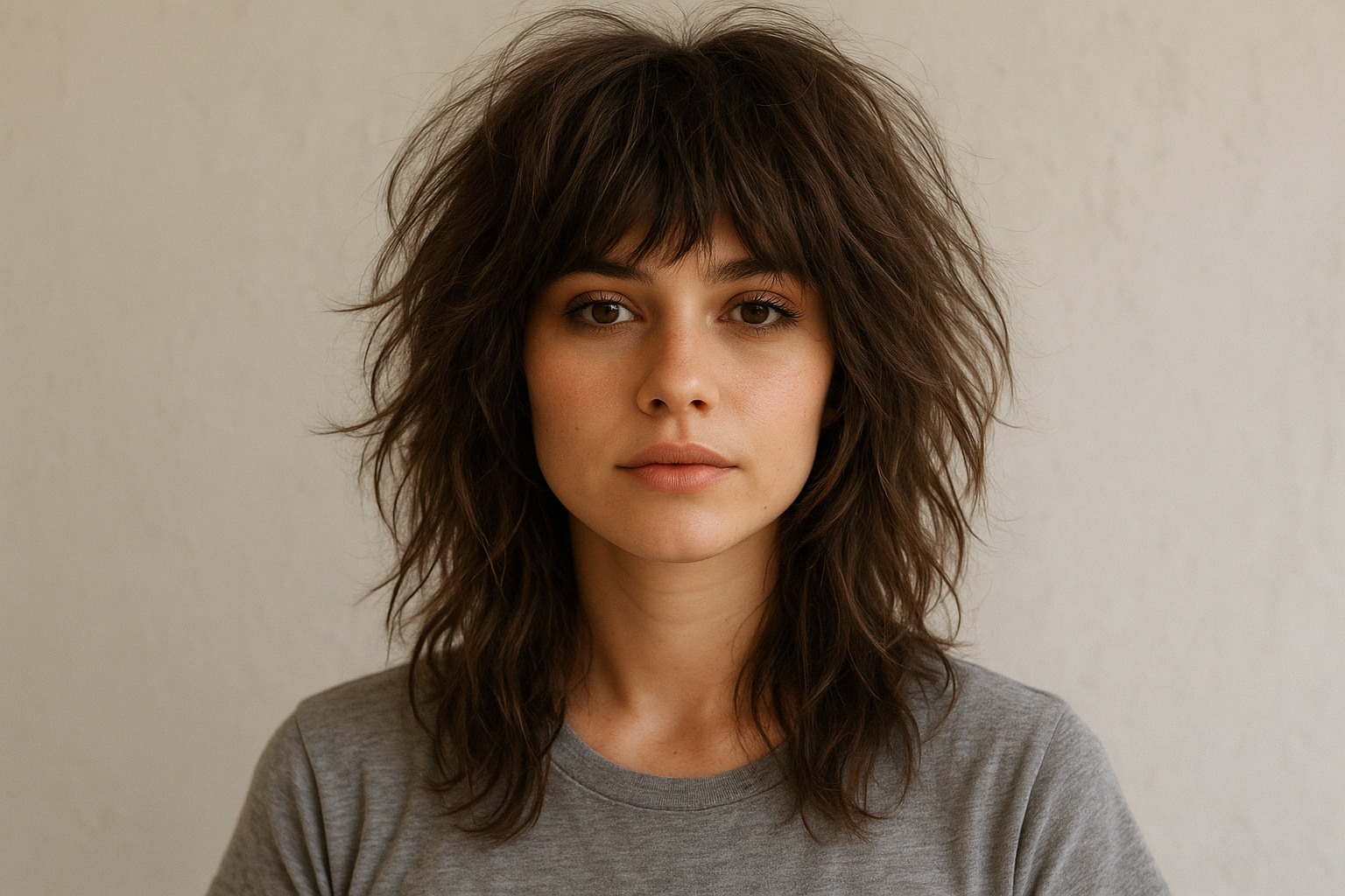 Uma pessoa com cabelos castanhos em camadas e franja de comprimento médio, vestindo uma camiseta cinza, está em frente a um fundo liso e de cor clara, olhando diretamente para a câmera com uma expressão neutra.