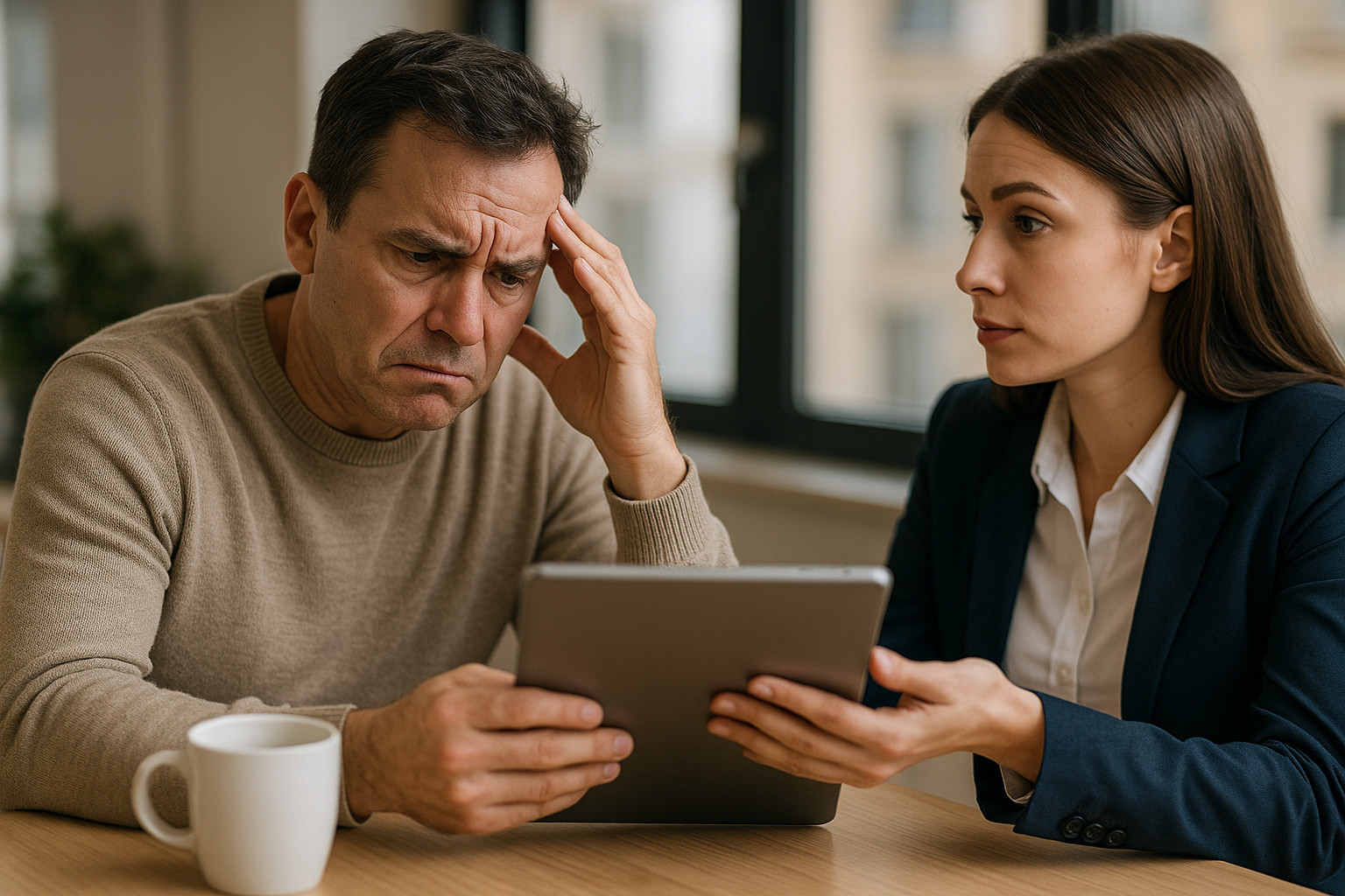 Um homem com uma expressão preocupada segura a cabeça enquanto olha para um tablet, e uma mulher em trajes de negócios senta-se ao lado dele, gesticulando em direção ao tablet. Uma caneca de café branca está sobre a mesa.