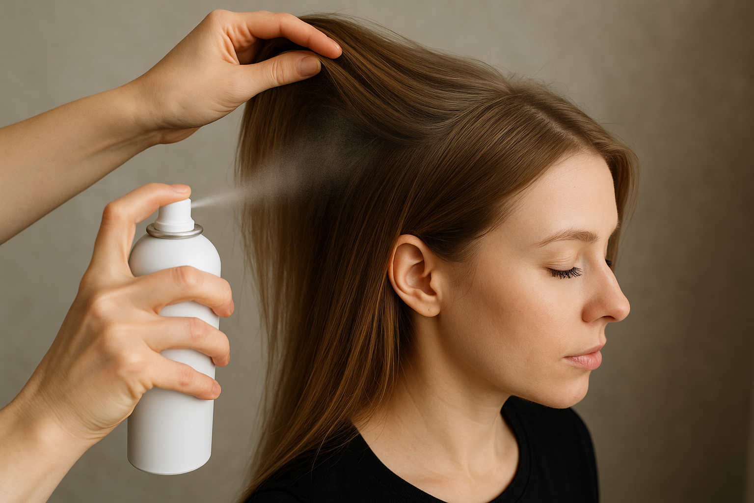 Uma pessoa com cabelos longos, lisos e castanhos claros está tendo seus cabelos levantados enquanto outra mão borrifa um produto em aerossol de uma lata branca no cabelo. Os olhos da pessoa estão fechados e o fundo é liso.